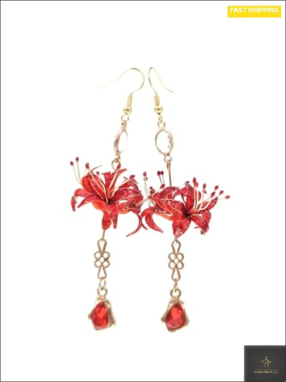 Handmade Lycoris Radiata Flower Drop Earrings, Gold Tone with Crystal Accents